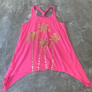 Girls Size 14 Justice Racerback Tank Top Pink with Gold Palm Trees Asymmetrical - Picture 1 of 8