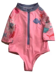 Infant Girls 1pc Pink Fish Themed Long Sleeved Rash Guard Swim Suit 9m - Picture 1 of 2