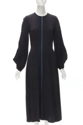 Vestido midi ROKSANDA negro seda azul detalle costura puño acampanado Foto 1 de 4