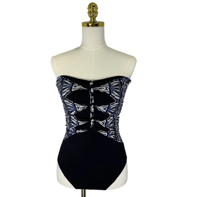 Gottex Women's Swimsuit Bandeau Strapless Black Artsy Print Slimming Size 10 - Image 1 of 4