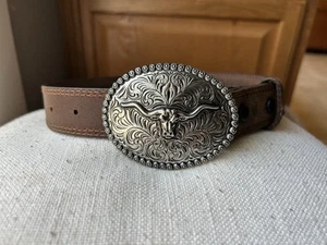 Bull Skull Western Rodeo Belt Buckle On Brown Genuine Leather Belt Kids Size 20 - Picture 1 of 6