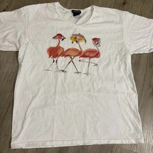 Wachtel hohl weiß V-Ausschnitt rosa Flamingo T-Shirt Damen Gr. L Glitzer tropisch - Bild 1 von 8