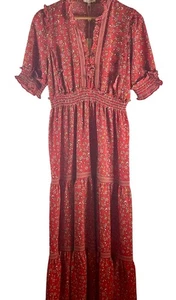 Max Studio Maxi Dress Sz M Bohemian Smocked Waist Red Floral Ruffles Cottagecore - Picture 1 of 11