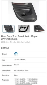 New Genuine Mopar Left Rear Door Panel 1VR21DX9AH 2012-2014 Chrysler 300 - Picture 1 of 3