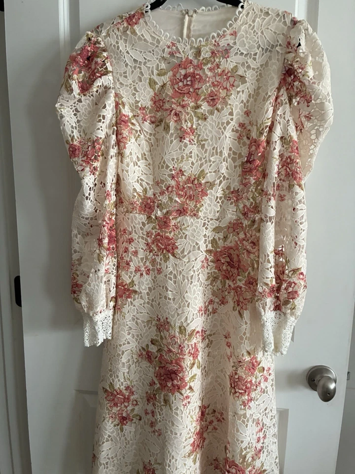 Anthropologie Champagne And Strawberry Crochet Romance Floral Dress M - Image 1 of 4