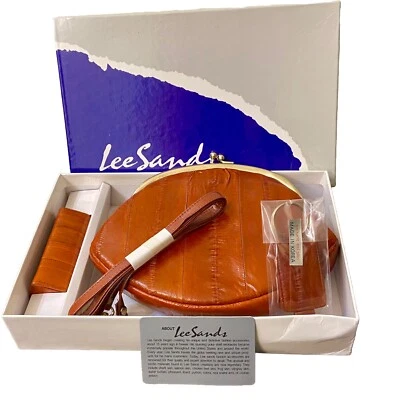 Lee Sands Clutch Purse Set Eel Skin Lipstick Case Strap Cognac Key Chain IN BOX - Image 1 of 4