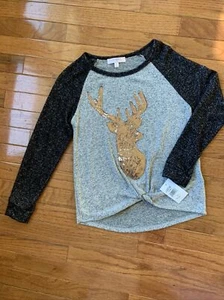 Moa Moa Girls Top SMALL gray w sequin deer Holiday Christmas - Picture 1 of 7