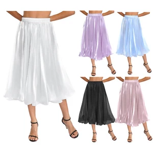 Damen ~ Blase langer Rock hoher elastischer Bund A-Linie fließend Seide Satin Midi Laterne - Bild 1 von 34
