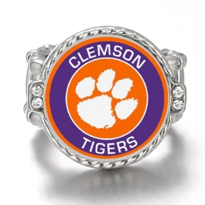Anillo de fútbol americano Clemson Tigers plateado con acento de cristal para mujer con paquete de regalo D12 Foto 1 de 4