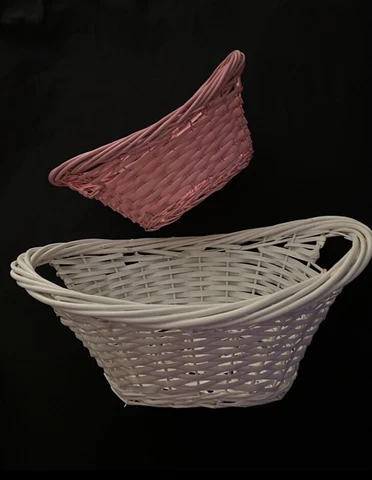 Pair of Willow Baskets, Large White, Small Pink, Crafting Storage Cover