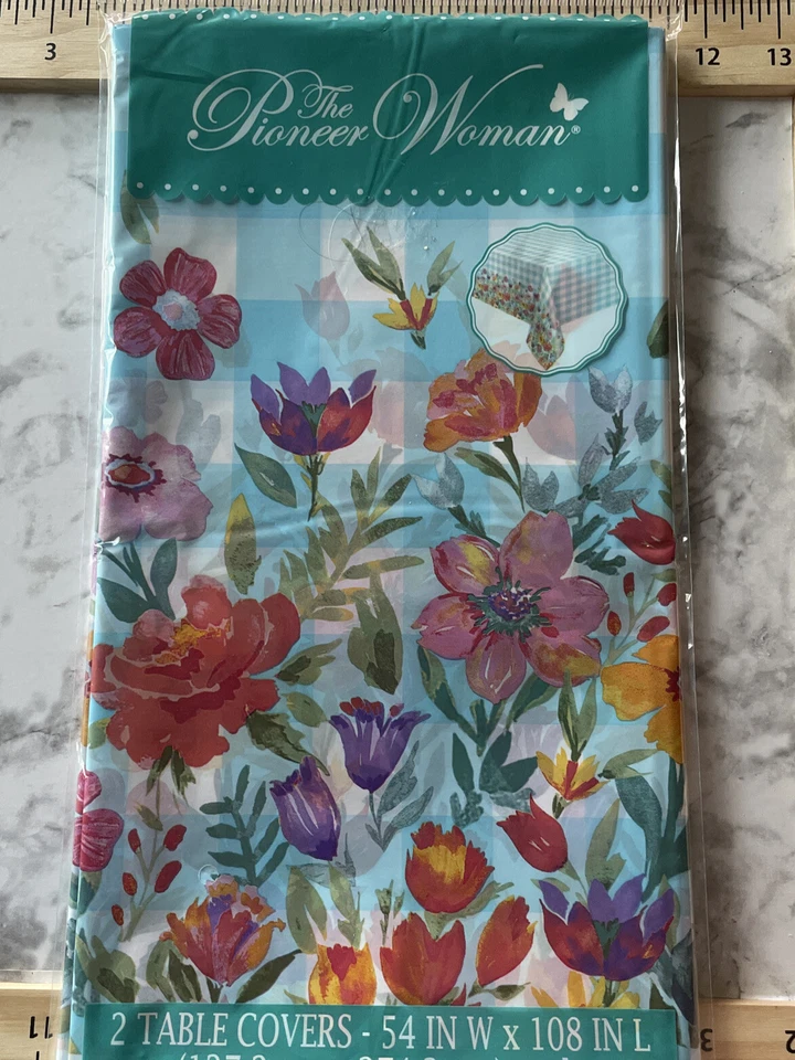 The Pioneer Woman Blooming Plaid Plastic Table Cloths Covers 54 in x108 in BULK - Image 1 of 3