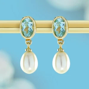 9K Yellow Gold Genuine Blue Topaz and Pearl Drop Earrings - Picture 1 of 9
