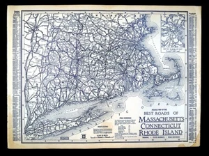 1926 Clason Road Map Massachusetts Connecticut Rhode Island Boston Long Island - Picture 1 of 6