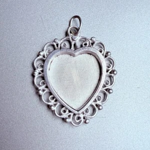 Sterling Silver 925 Large Heart Tag Lace Filigree Framed Charm Pendant - Picture 1 of 5