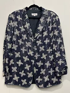 VINTAGE Ladies 10 GIORGIO ARMANI Italy Blue & Ivory floral Sequins Blazer Jacket - Picture 1 of 8