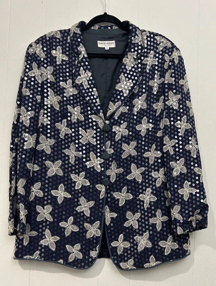 Chaqueta Blazer DE COLECCIÓN Damas 10 GIORGIO ARMANI Italia Azul y Marfil Lentejuelas Florales Foto 1 de 4