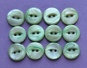 12 Vintage Dyed Light Green Mother of Pearl Buttons, 2-Hole Cat Eye, 9/16" Dia. - Picture 1 of 1