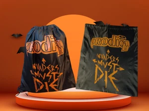 THE PRODIGY DRAWSTRING BAG, BLACK BAG DESIGNED WITH ORANGE INVADERS MUST DIE - Picture 1 of 1