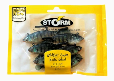 Cebos de natación Storm Wildeye Shad 3" branquias azules TRES paquetes (6 señuelos por paquete) #WSBS03BG Foto 1 de 2