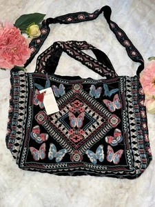 NEW Johnny Was Large Black Velvet Hobo Bag Tote Purse Embroidered Crossbody  NWT - Picture 1 of 14