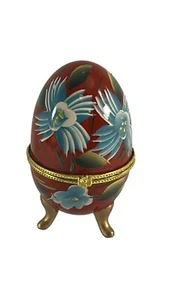 Porcelain Egg Shaped Trinket Box Footed Red Blue Painted Gold Tone Easter - Picture 1 of 9