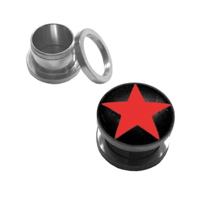 Tunnel Plug Acciaio Stella Rosso Piercing Orecchio Argento Orecchini Ø 8mm-12mm - Immagine 1 di 2