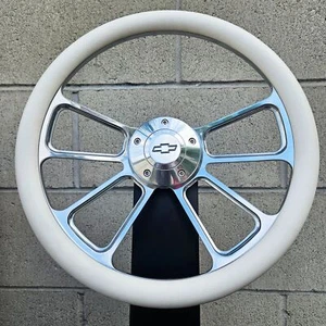 14" Billet 4 Spoke Steering Wheel w/ White Vinyl Wrap and Licensed Chevy Horn - Picture 1 of 3