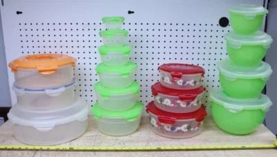 Large Lot Of 16 Mixed Lock & Lock Colored Nesting Bowls - Red Floral Green USA - Image 1 of 4