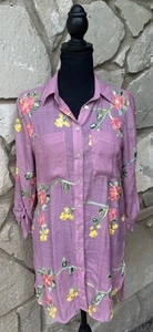 Figueroa & Flower Tunic Top Small Pink Mauve Embroidered Flowers Button NEW - Picture 1 of 11