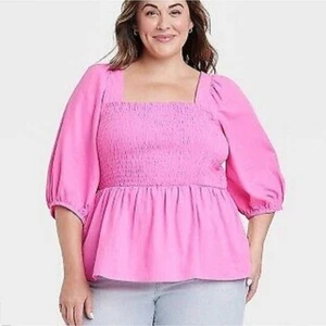 Ava & Viv Puff Elbow Sleeve Peplum Top Blouse Smocked Women’s SZ 2X in Pink - Picture 1 of 8