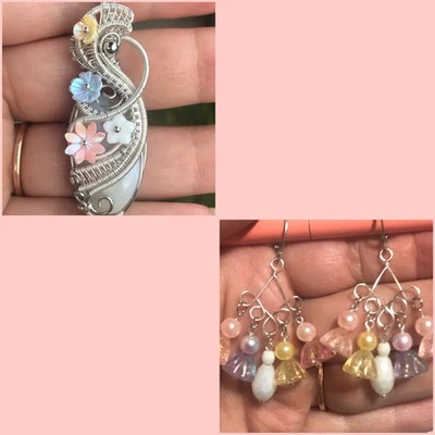 Conjunto de aretes colgantes de ágata blanca tejido y envoltura de alambre floral hechos a mano ÚNICO EN SU CLASE Foto 1 de 4