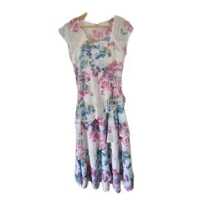 Abito Komarov BoHo midi rosa floreale volant manica corta scollo a scoop vestito M - Foto 1 di 9