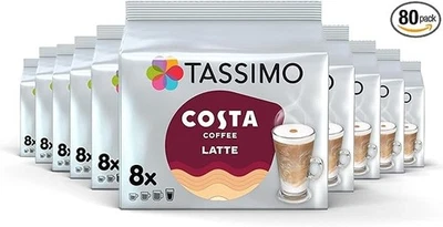 Tassimo Costa Latte Coffee Pods - 10 Packs (Total 80 Costa Coffee Latte Drinks)