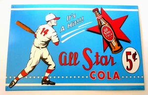 BASEBALL SIGN IT'S A HIT ALL STAR COLA 5c metal 16 7/8" x 11" unused - Picture 1 of 2