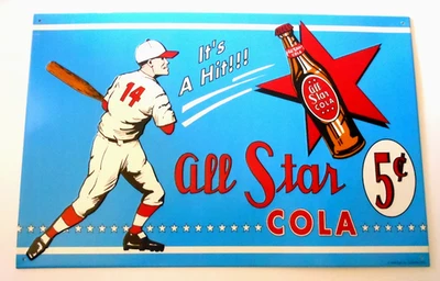 BASEBALL SIGN IT'S A HIT ALL STAR COLA 5c metal 16 7/8" x 11" unused - Image 1 of 2