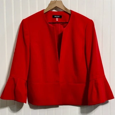 Chaqueta Blazer Nine West Talla 12 Roja Manga Campana Frente Abierto Recorte Carrera Declaración Foto 1 de 4