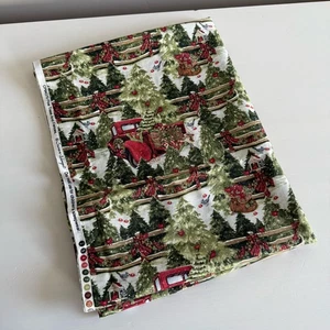 1 Yard Susan Winget Christmas Fabric – Pine Trees Fences Red Truck CP64379 - Picture 1 of 6
