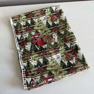 1 Yard Susan Winget Christmas Fabric – Pine Trees Fences Red Truck CP64379 - Image 1 of 4
