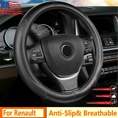 For Renault Car Steering Wheel Covers Genuine Leather Black 15in/38cm Diameter - Image 1 of 4