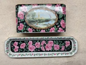 Nieman Marcus Porcelain Floral Notepad & Pen Holder + vanity dish tray - Picture 1 of 7