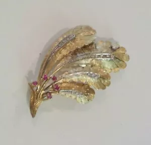 Vintage Italian 18 K Gold, Ruby & Diamond LEAF Brooch, 10.2 Grams - Picture 1 of 10