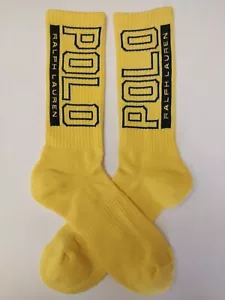  Ralph Lauren Cushioned Technical Sport Crew Socks Mens YELLOW POL0 SPELLOUT - Picture 1 of 8
