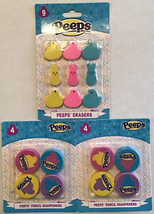 Lot of Peeps Chicks & Bunny Easter Party Favors- 9 Erasers & 8 Pencil Sharpeners