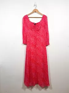 Whistles Dress 14 Pink Red Midi Diagonal Leopard Print Romantic Occasion Shirred - Picture 1 of 10