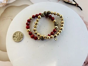 Lucky Brand Set Of 2 Gold Tone Red Beads Crystal Beads Bracelet - Picture 1 of 4