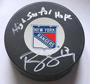 BRANDON DUBINSKY SIGNED & INSCRIBED HIGH SOX FOR HOPE RANGERS STEINER NHL PUCK - Picture 1 of 3