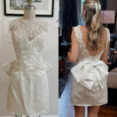 Short Wedding Dresses with Bow Choker Neck Sweet Elegant Sleeveless Bridal Gowns - Image 1 of 4