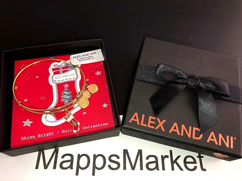 Alex and Ani Stocking Shiny Gold Bangle Charm Bracelet A17EBHOL03SG