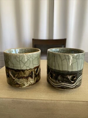 2 pc Vintage Green Somayaki Golden Horse Double Wall Japanese Tea Coffee Cups - Image 1 of 4