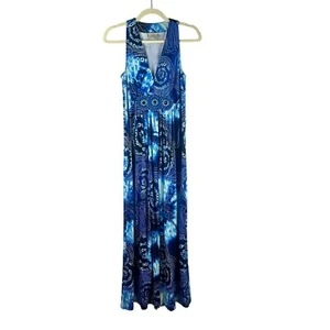 Eci Jersey Knit Maxi Dress Women 10 Blue Sleeveless Geometric Beaded Vacation - Picture 1 of 10